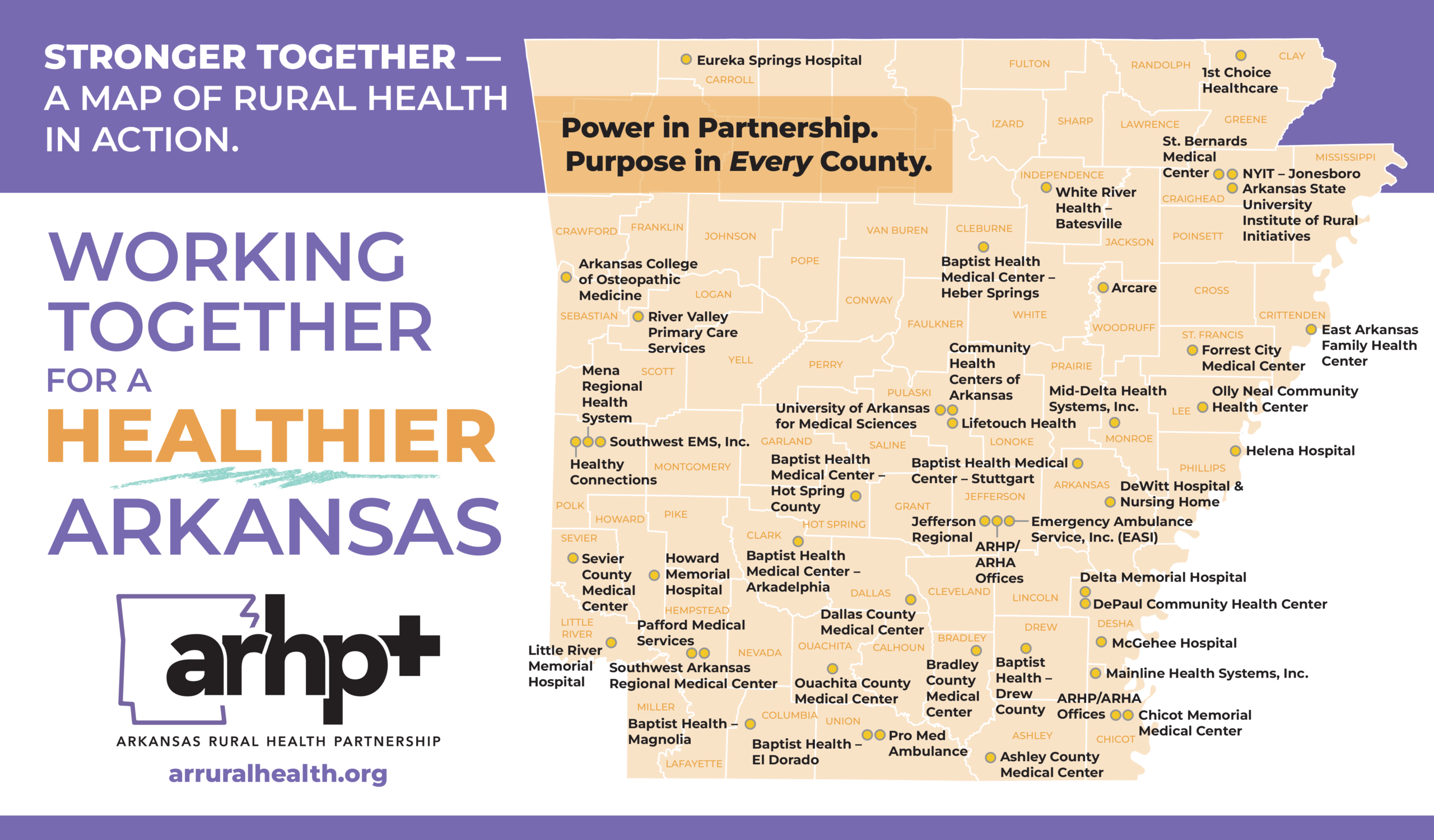 Stronger Together — a map of ARHP's rural health network across Arkansas